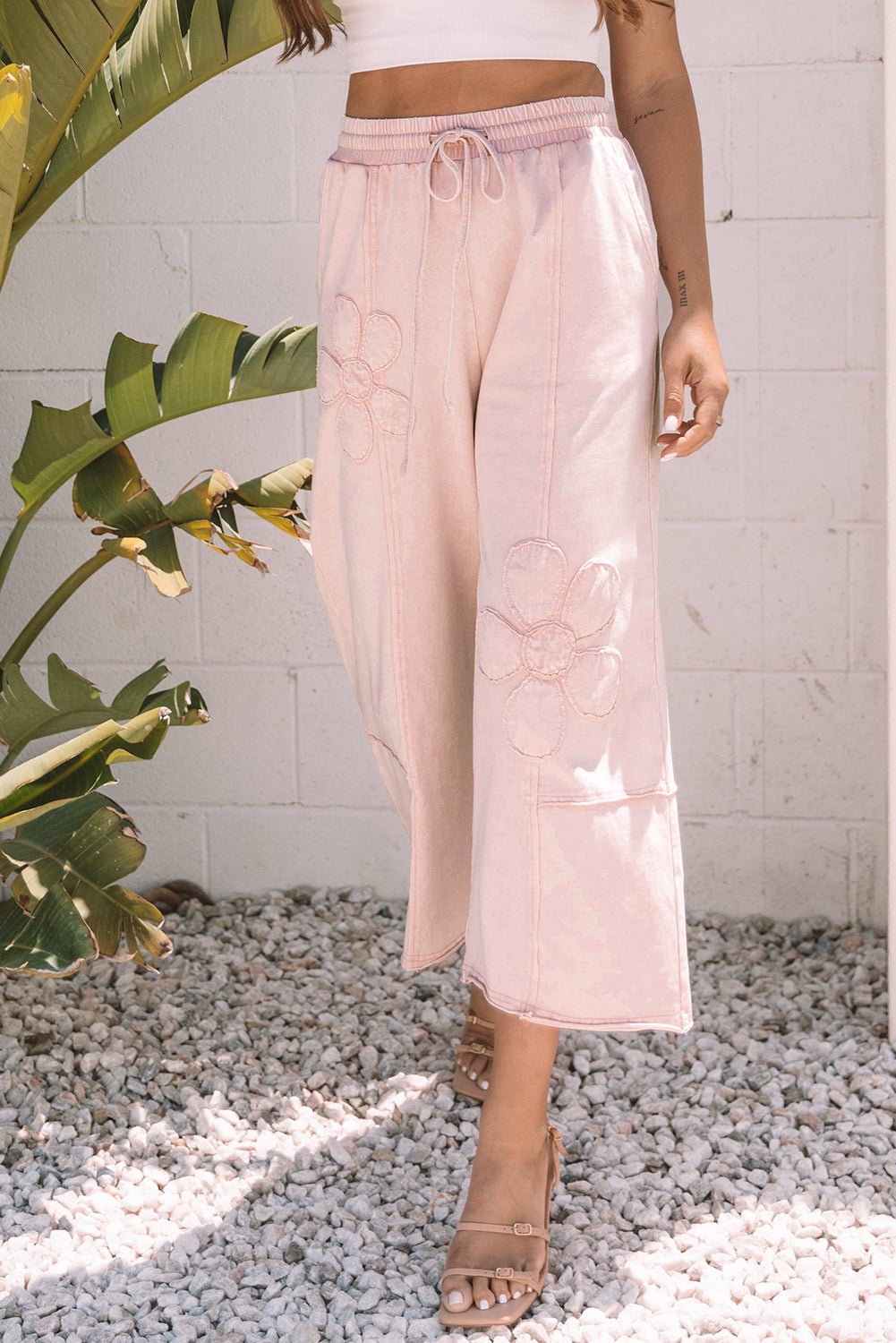 Floral Patch Mineral Wash Terry Knit Pants - Rooted & Reckless Co.