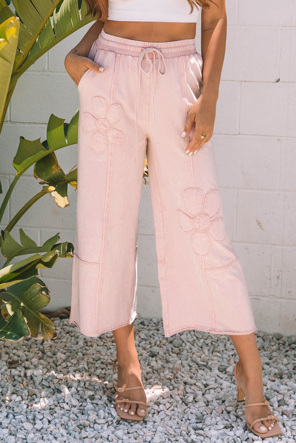 Floral Patch Mineral Wash Terry Knit Pants - Rooted & Reckless Co.