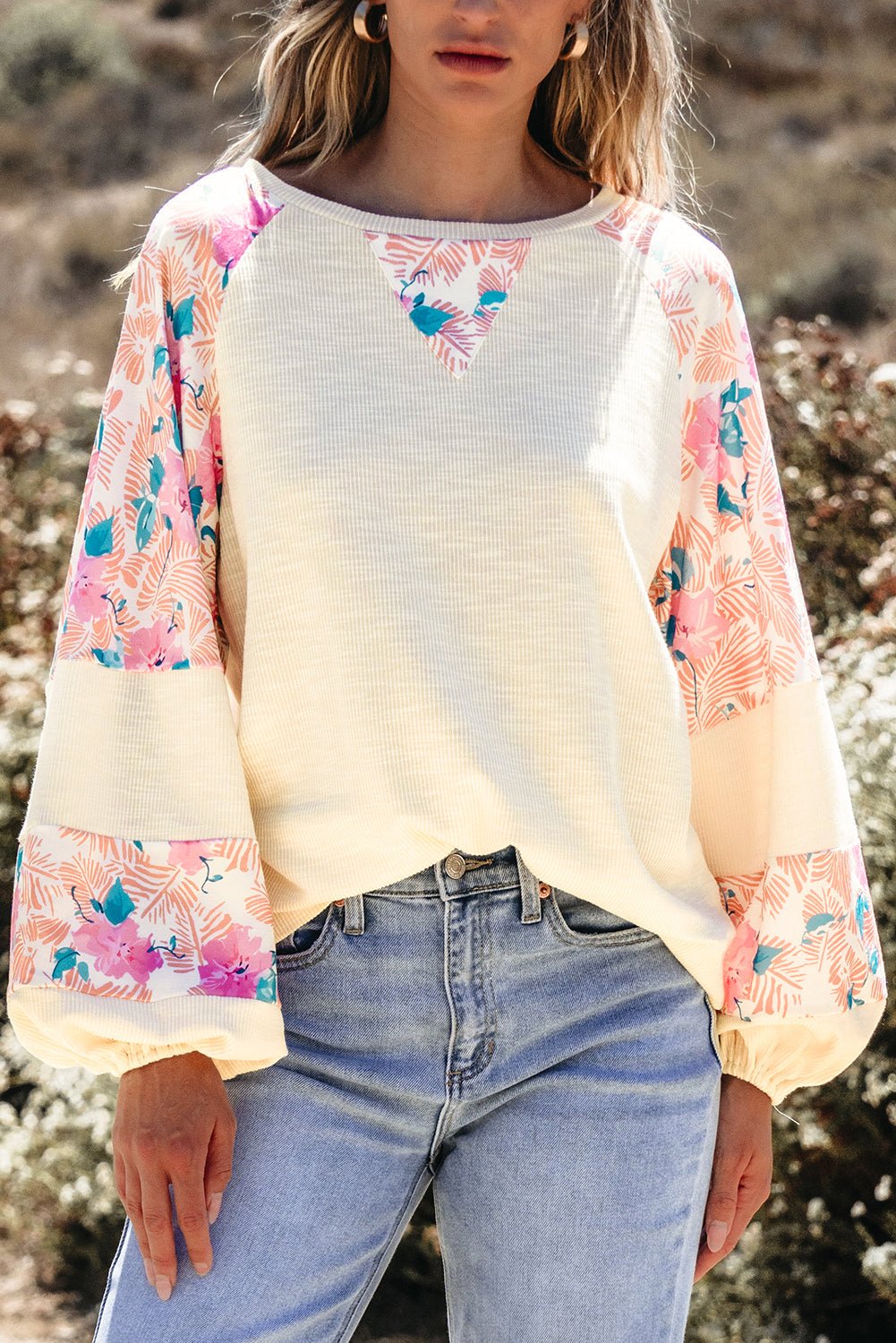 Floral Patchwork Balloon Sleeve Textured Blouse - Rooted & Reckless Co.