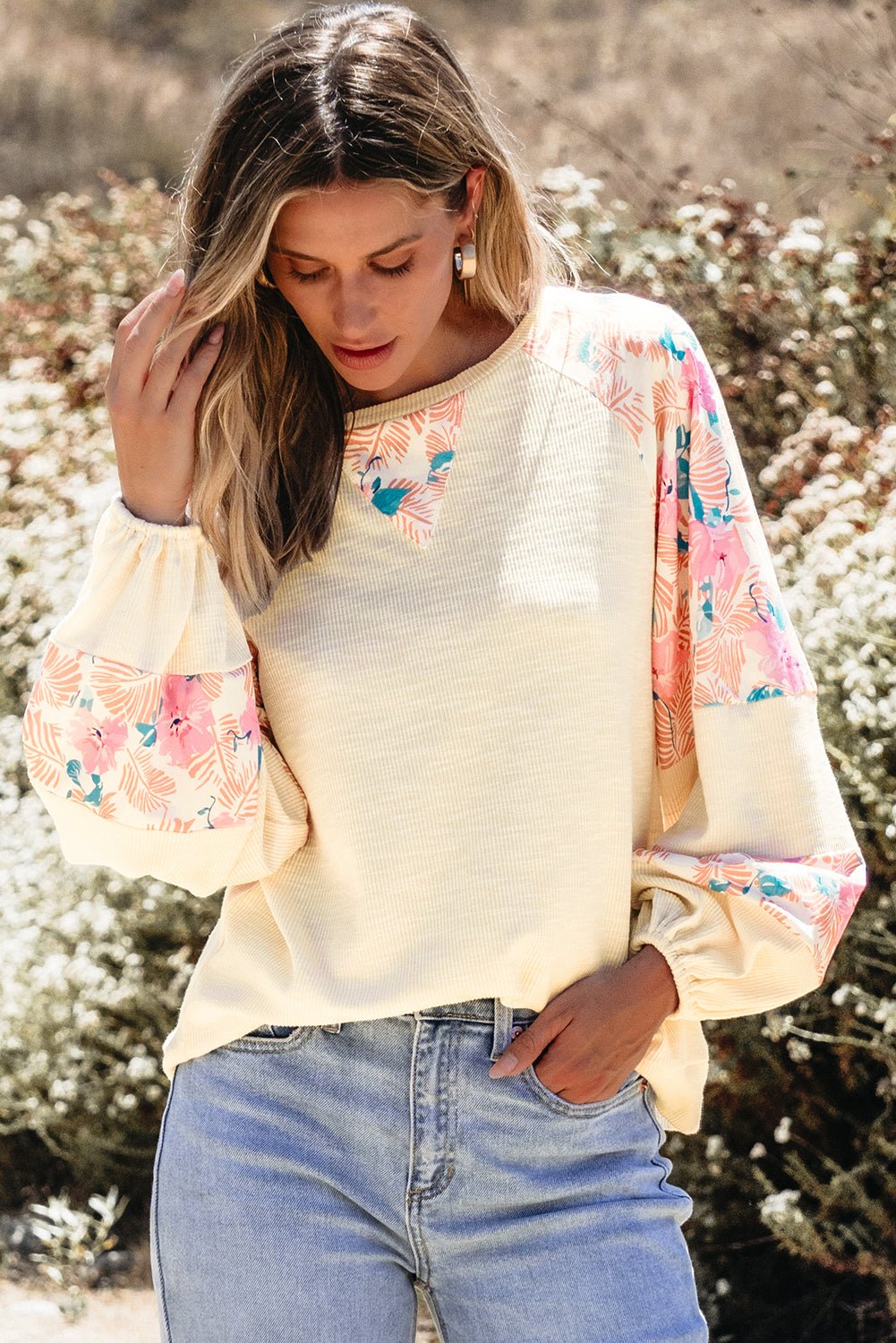 Floral Patchwork Balloon Sleeve Textured Blouse - Rooted & Reckless Co.