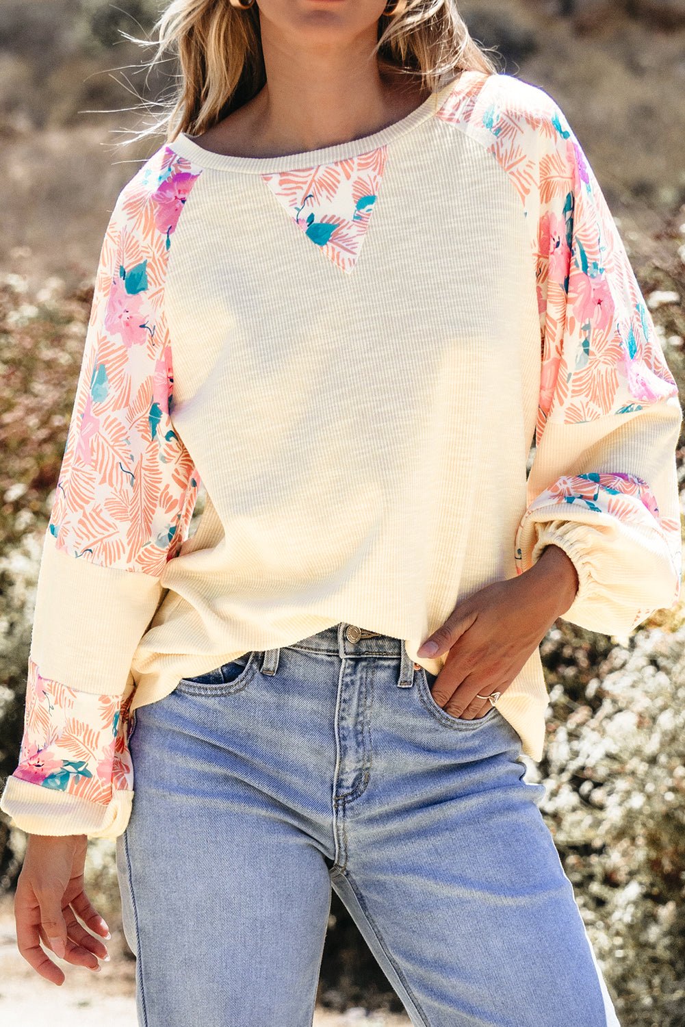 Floral Patchwork Balloon Sleeve Textured Blouse - Rooted & Reckless Co.