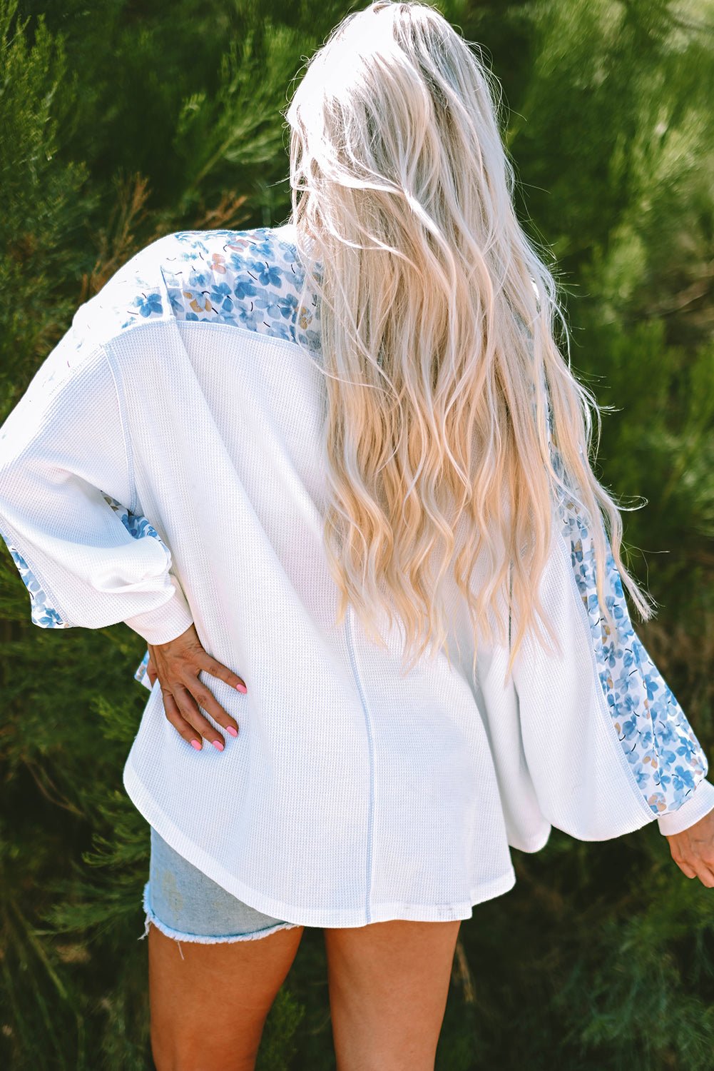 Floral Patchwork Batwing Sleeve V-Neck Blouse - Rooted & Reckless Co.