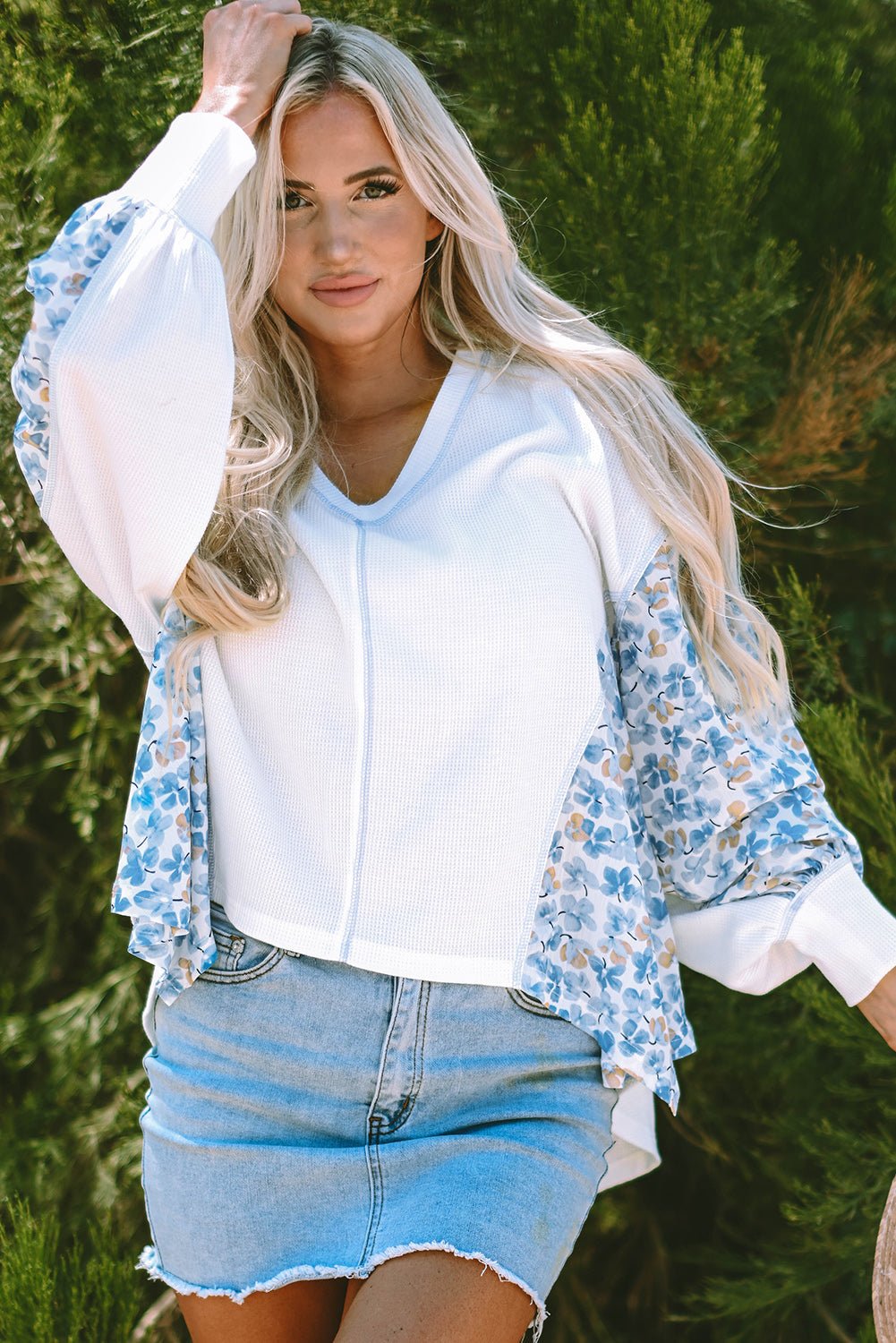 Floral Patchwork Batwing Sleeve V-Neck Blouse - Rooted & Reckless Co.
