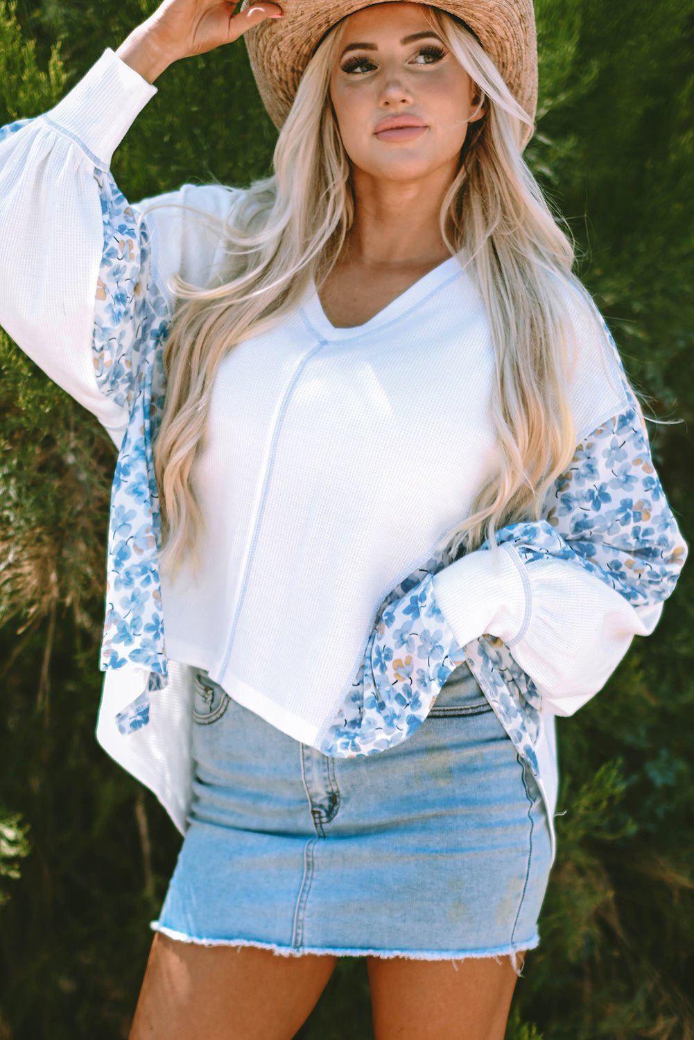 Floral Patchwork Batwing Sleeve V-Neck Blouse - Rooted & Reckless Co.
