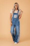 Floral Patchwork Bib Wide Leg Denim Overalls - Rooted & Reckless Co.