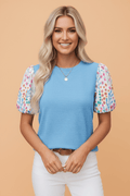 Floral Patchwork Bubble Sleeve Textured Blouse - Rooted & Reckless Co.