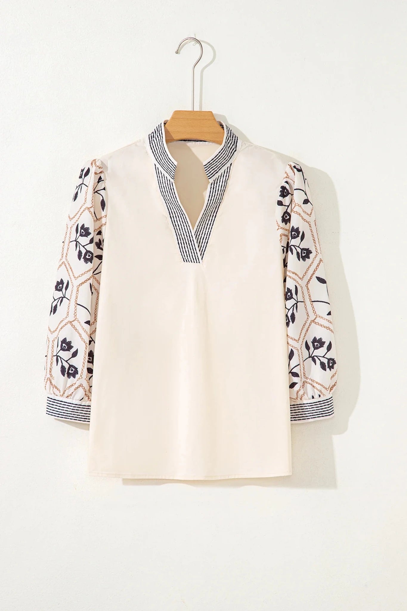 Floral Patchwork Contrast V-Neck Puff Sleeve Blouse - Rooted & Reckless Co.