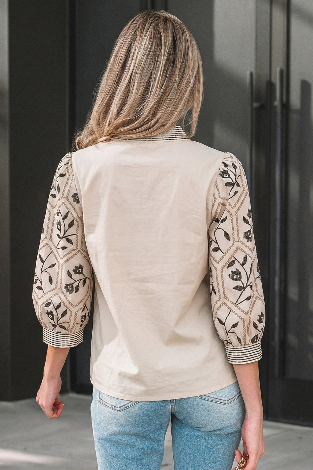 Floral Patchwork Contrast V-Neck Puff Sleeve Blouse - Rooted & Reckless Co.