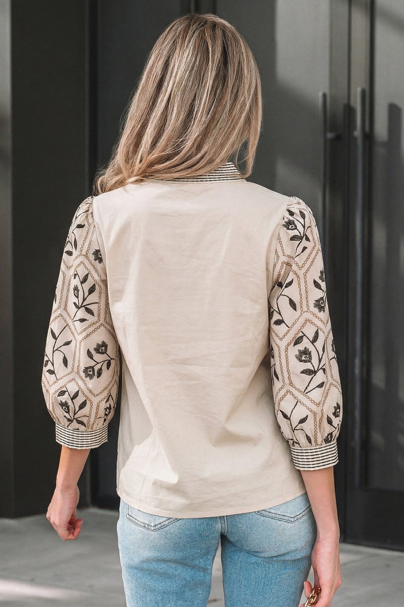 Floral Patchwork Contrast V-Neck Puff Sleeve Blouse - Rooted & Reckless Co.
