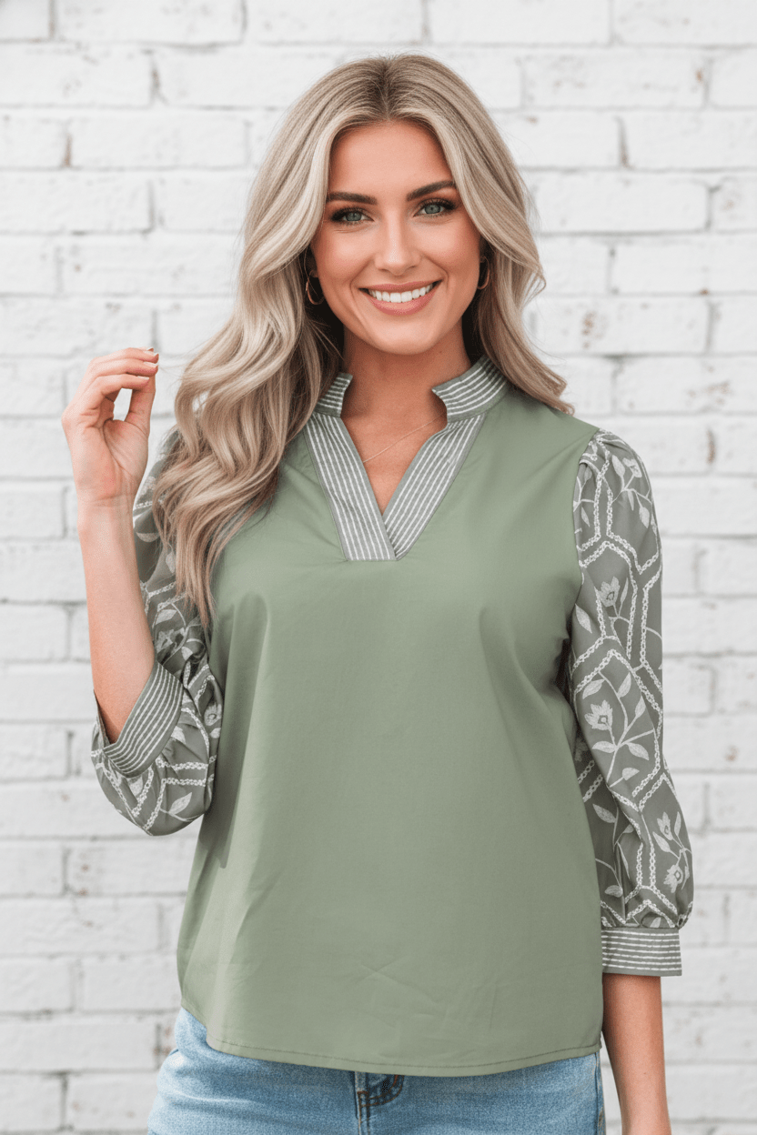 Floral Patchwork Contrast V-Neck Puff Sleeve Blouse - Rooted & Reckless Co.