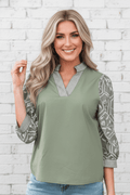 Floral Patchwork Contrast V-Neck Puff Sleeve Blouse - Rooted & Reckless Co.