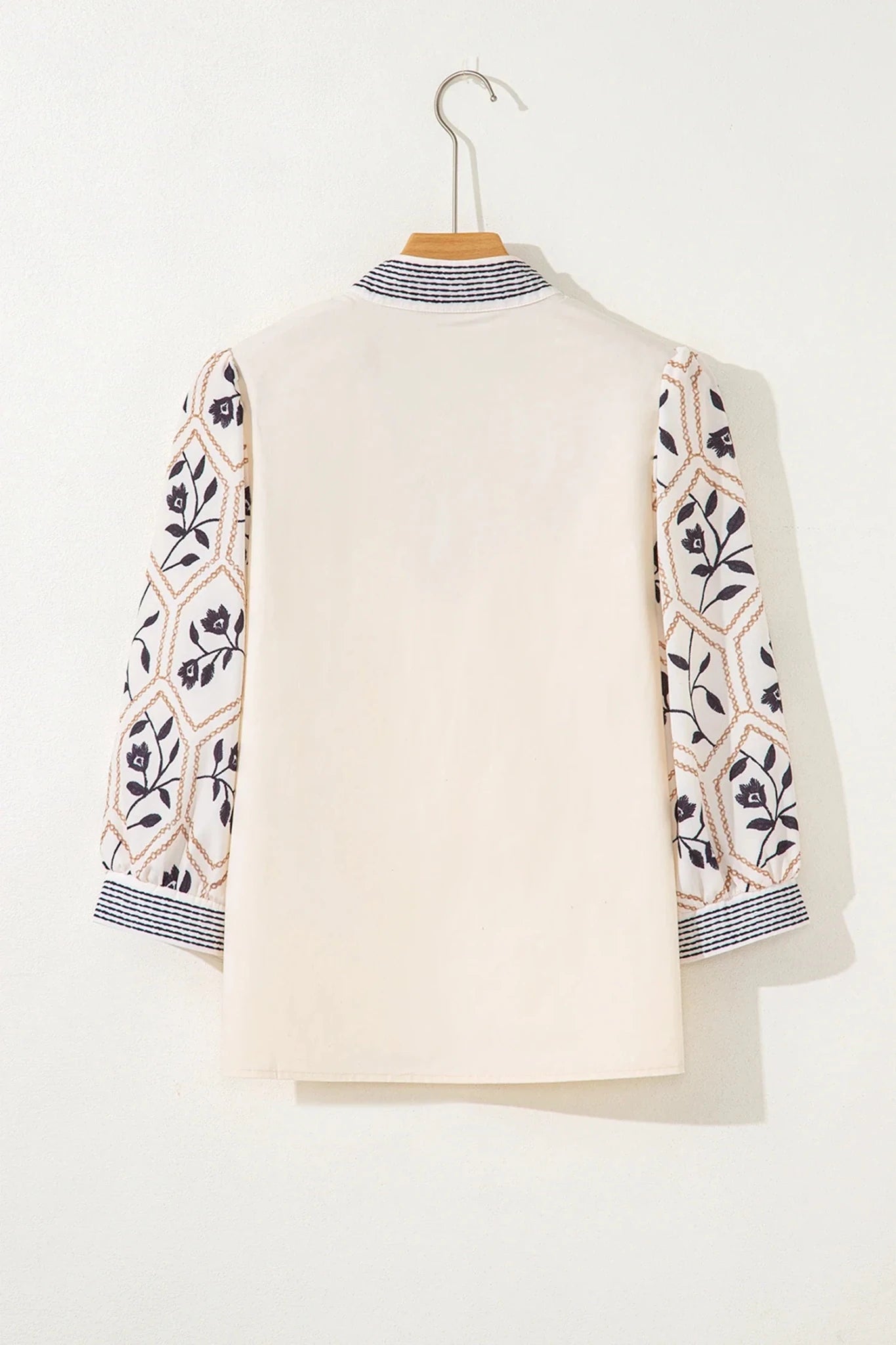Floral Patchwork Contrast V-Neck Puff Sleeve Blouse - Rooted & Reckless Co.