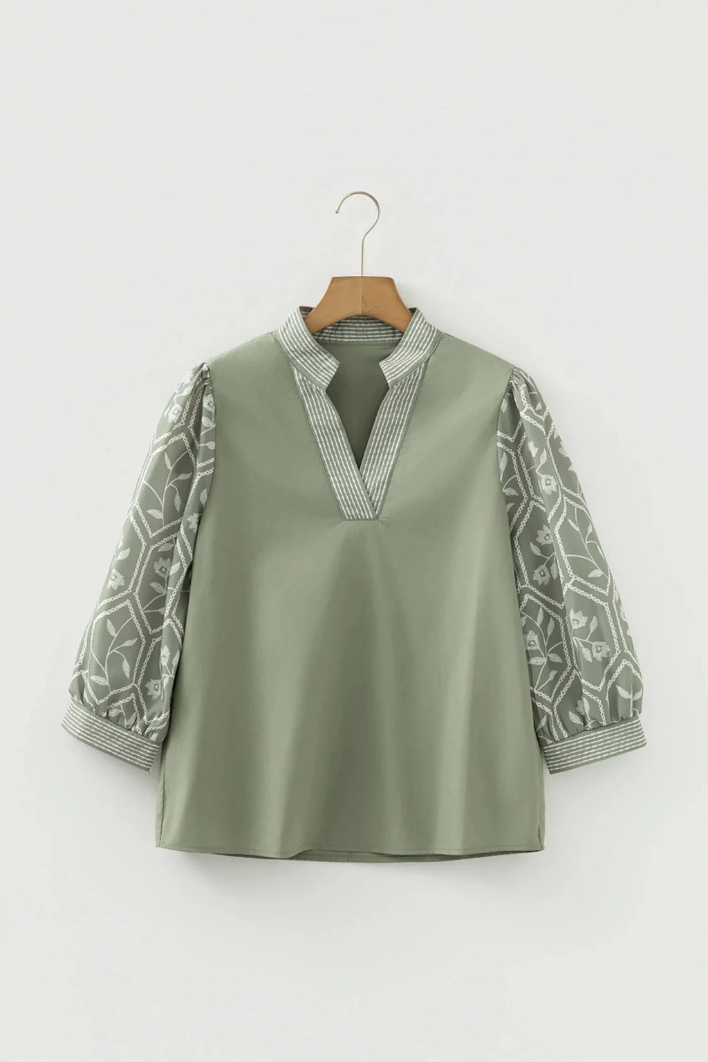 Floral Patchwork Contrast V-Neck Puff Sleeve Blouse - Rooted & Reckless Co.