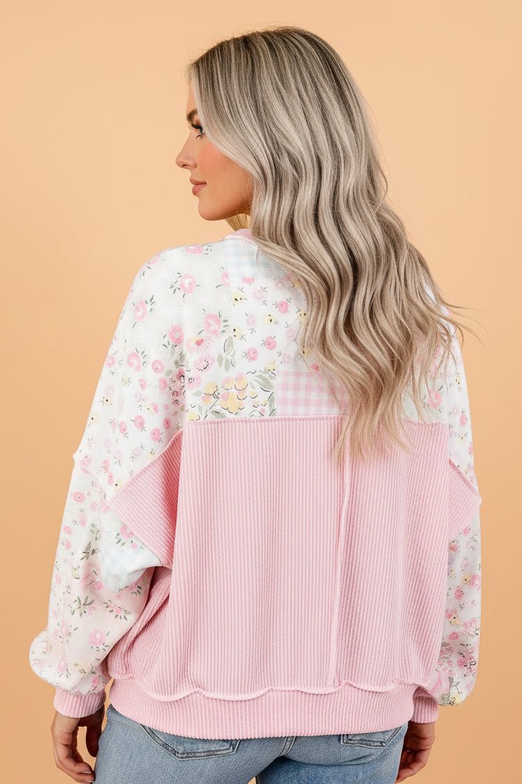 Floral Patchwork Corded Knit Long Sleeve Top - Rooted & Reckless Co.