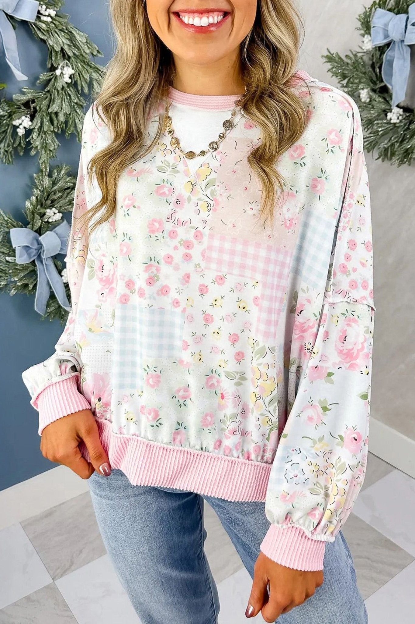 Floral Patchwork Corded Knit Long Sleeve Top - Rooted & Reckless Co.