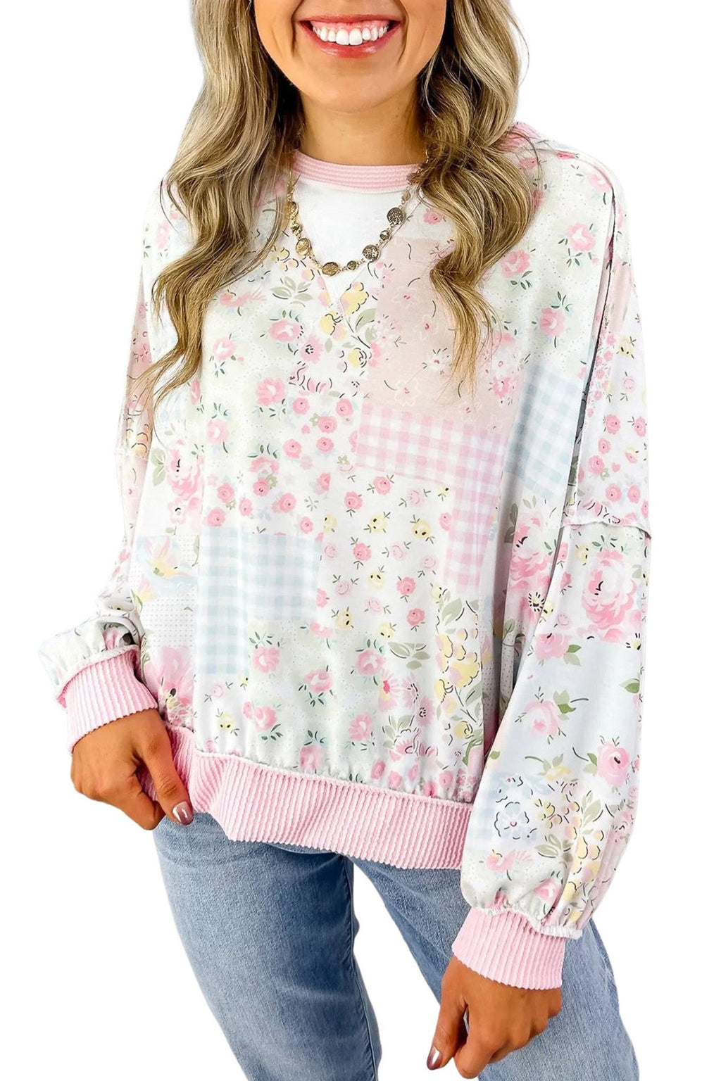 Floral Patchwork Corded Knit Long Sleeve Top - Rooted & Reckless Co.