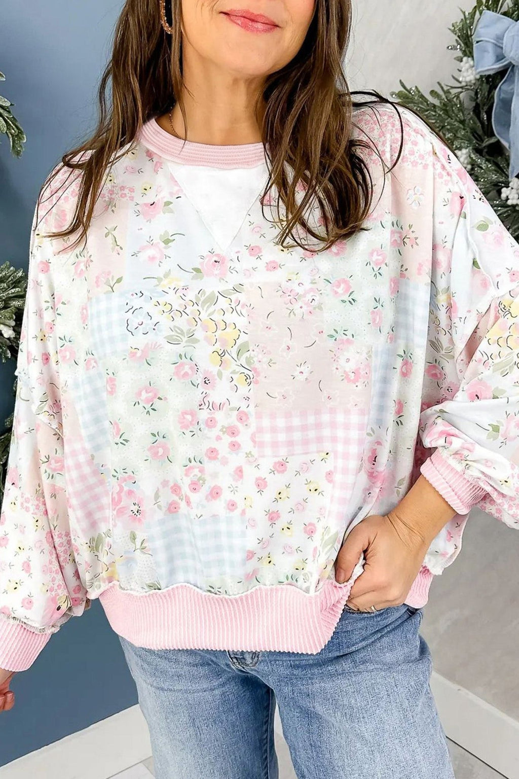 Floral Patchwork Corded Knit Long Sleeve Top - Rooted & Reckless Co.