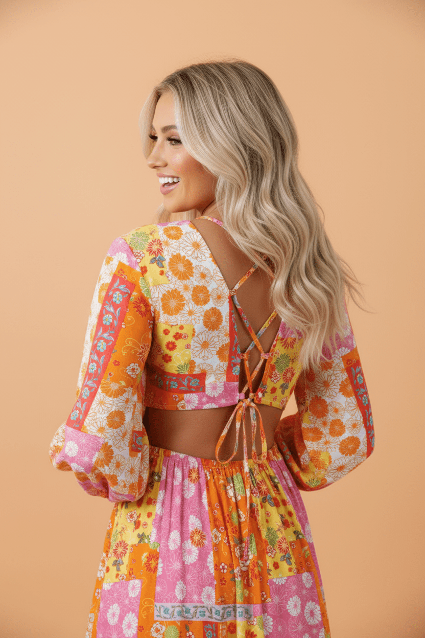 Floral Patchwork Cut-Out Tied Back Maxi Dress - Rooted & Reckless Co.