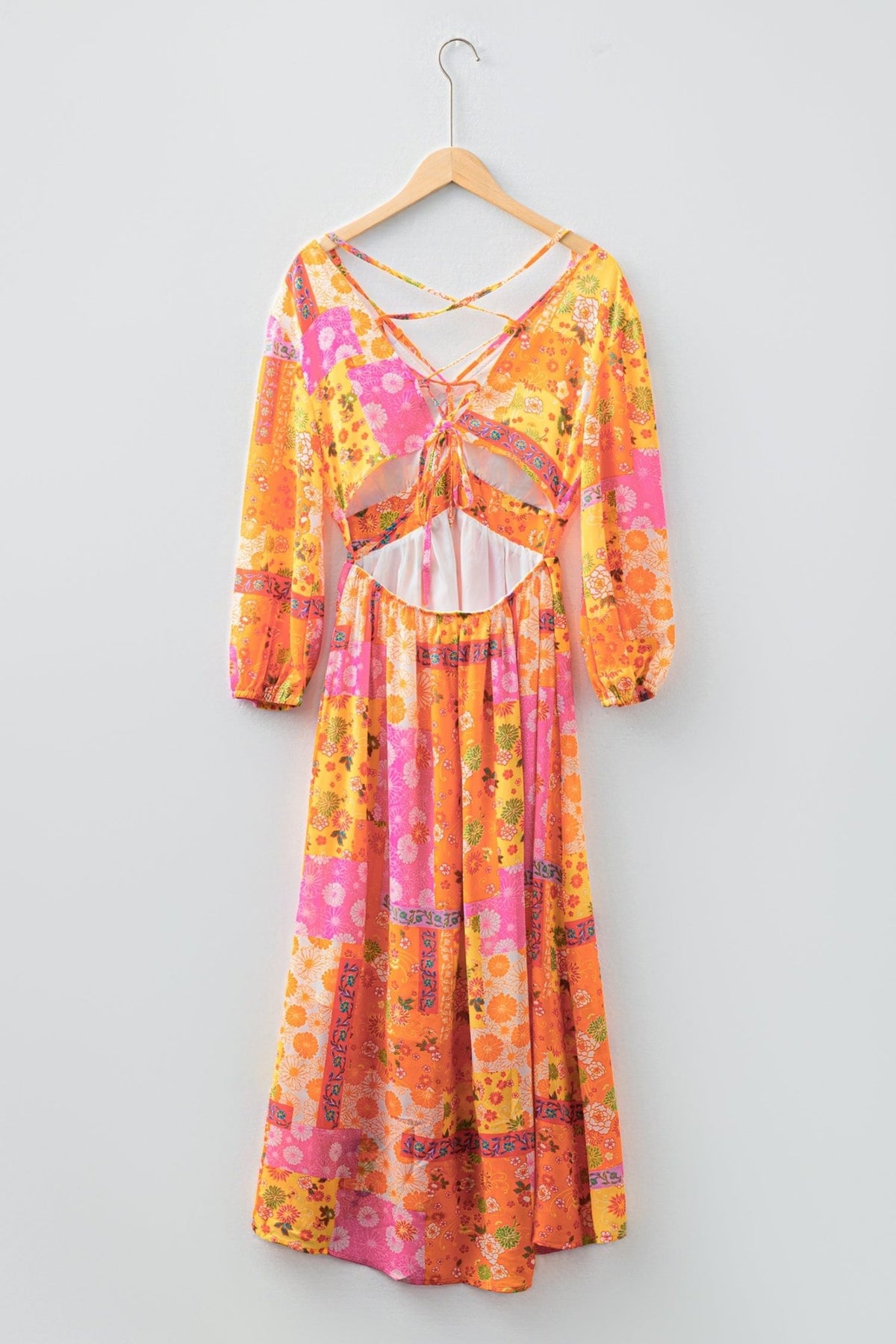 Floral Patchwork Cut-Out Tied Back Maxi Dress - Rooted & Reckless Co.