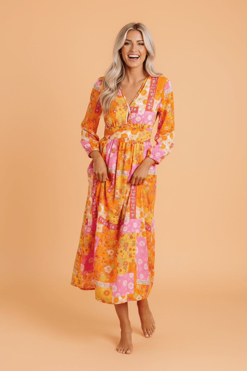 Floral Patchwork Cut-Out Tied Back Maxi Dress - Rooted & Reckless Co.