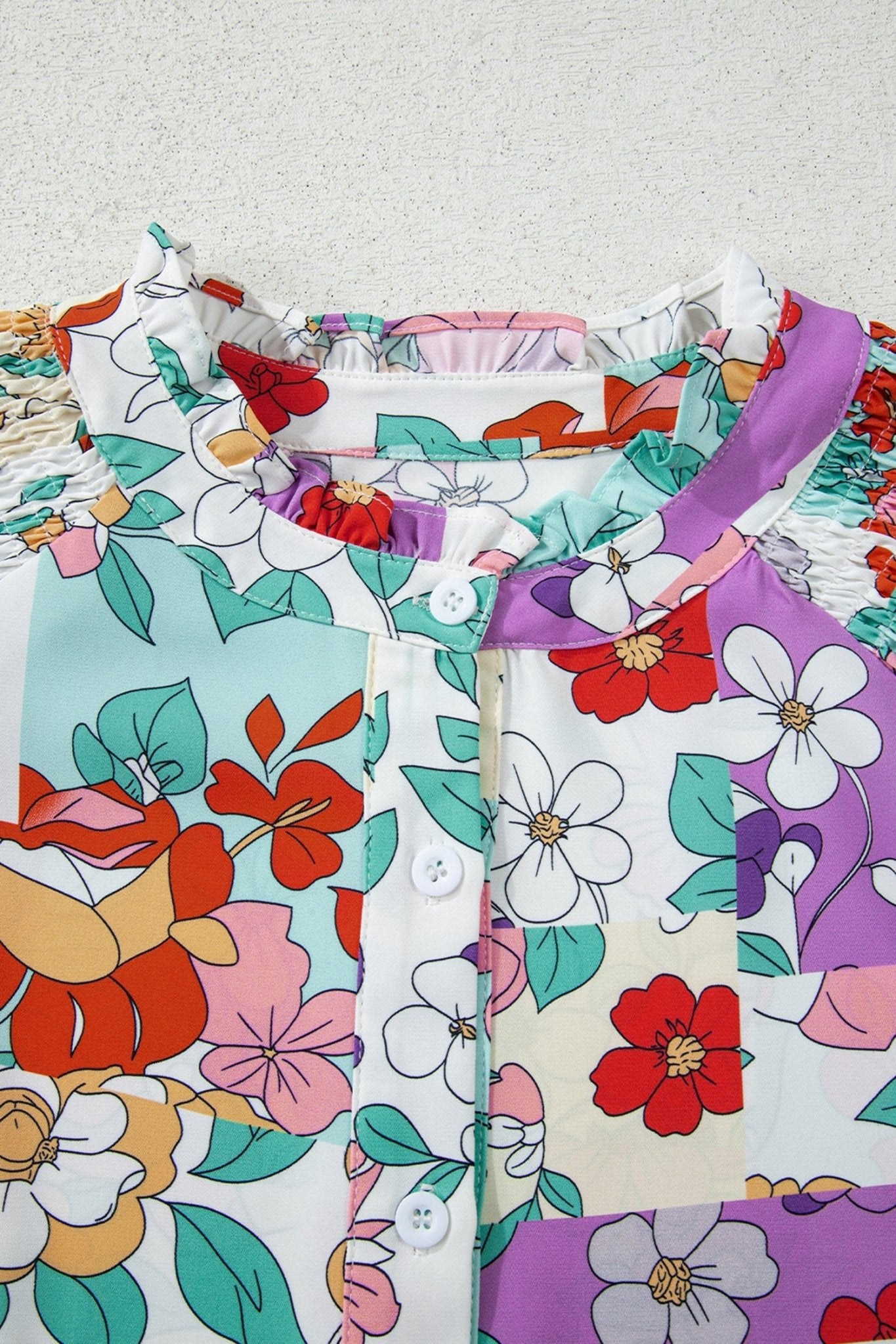 Floral Patchwork Frilled Neck Long Sleeve Shirt - Rooted & Reckless Co.