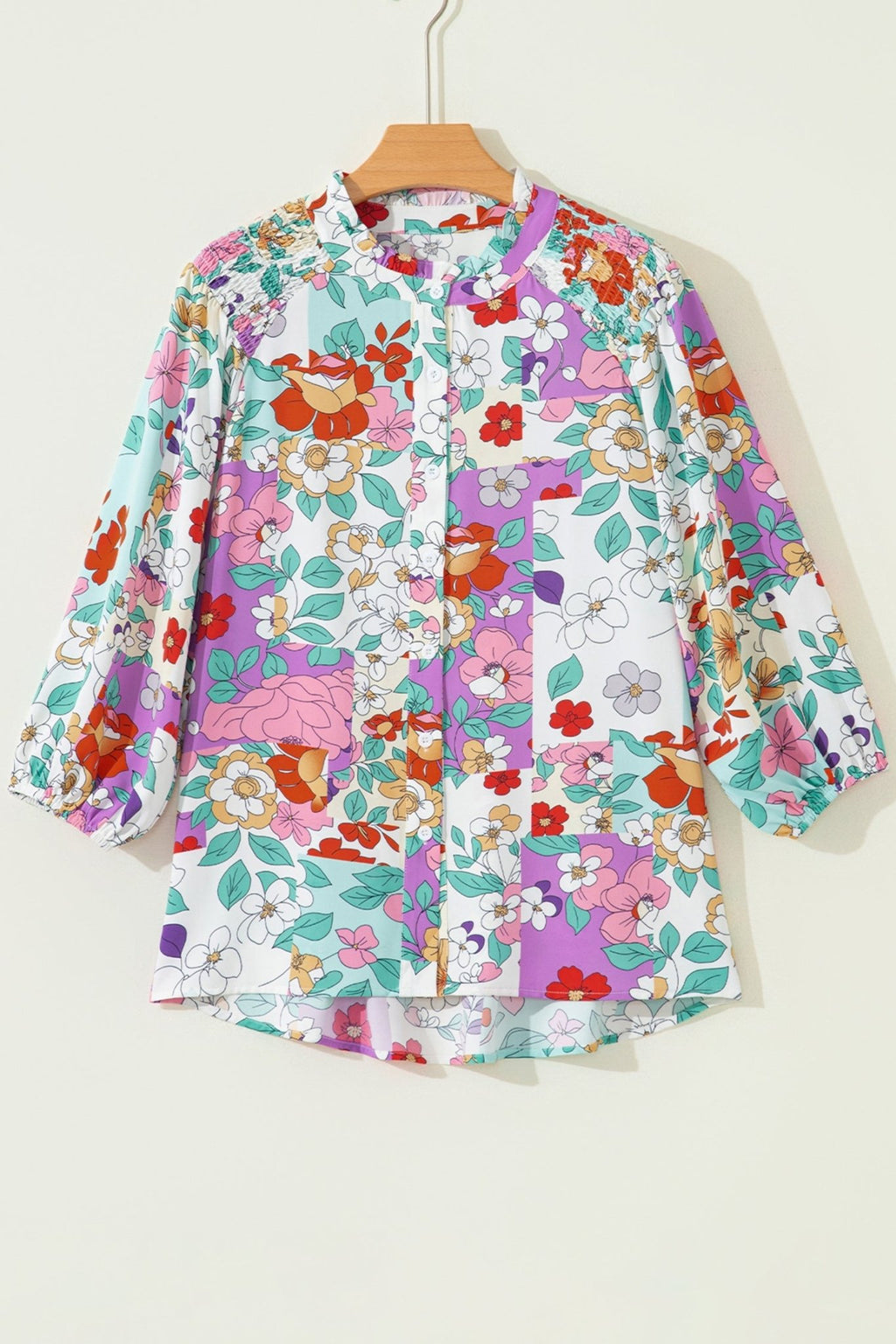 Floral Patchwork Frilled Neck Long Sleeve Shirt - Rooted & Reckless Co.