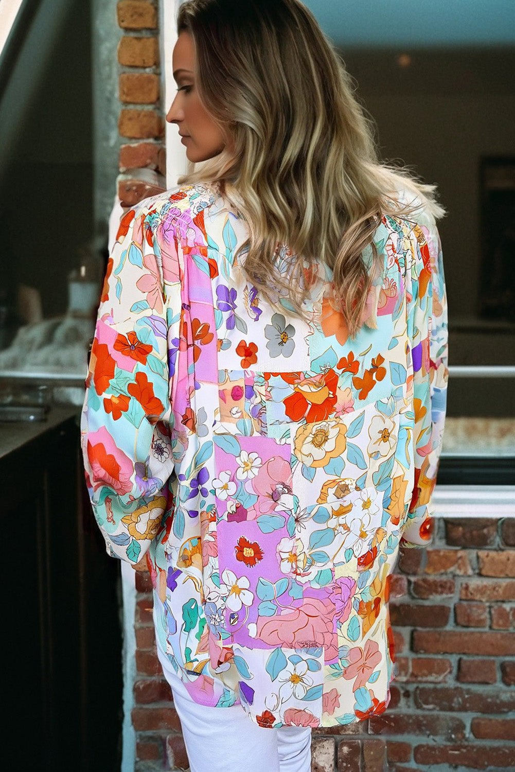 Floral Patchwork Frilled Neck Long Sleeve Shirt - Rooted & Reckless Co.