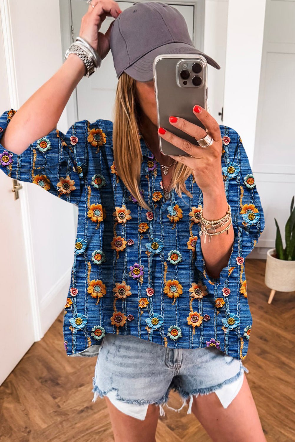 Floral Patchwork Long Sleeve Collared V-Neck Blouse - Rooted & Reckless Co.