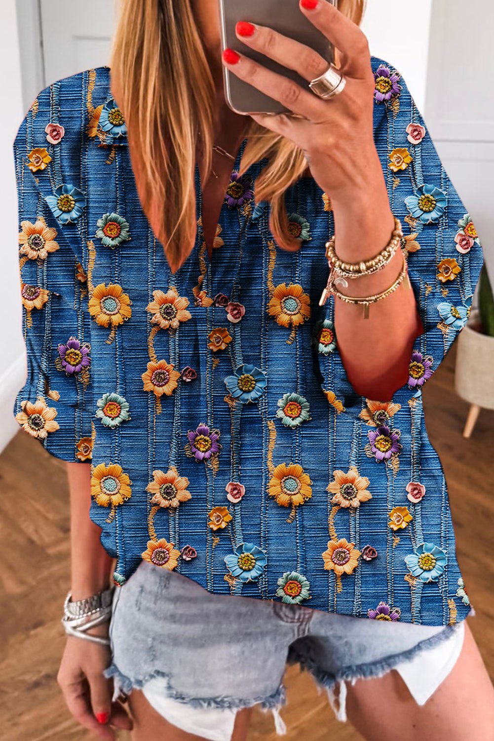 Floral Patchwork Long Sleeve Collared V-Neck Blouse - Rooted & Reckless Co.