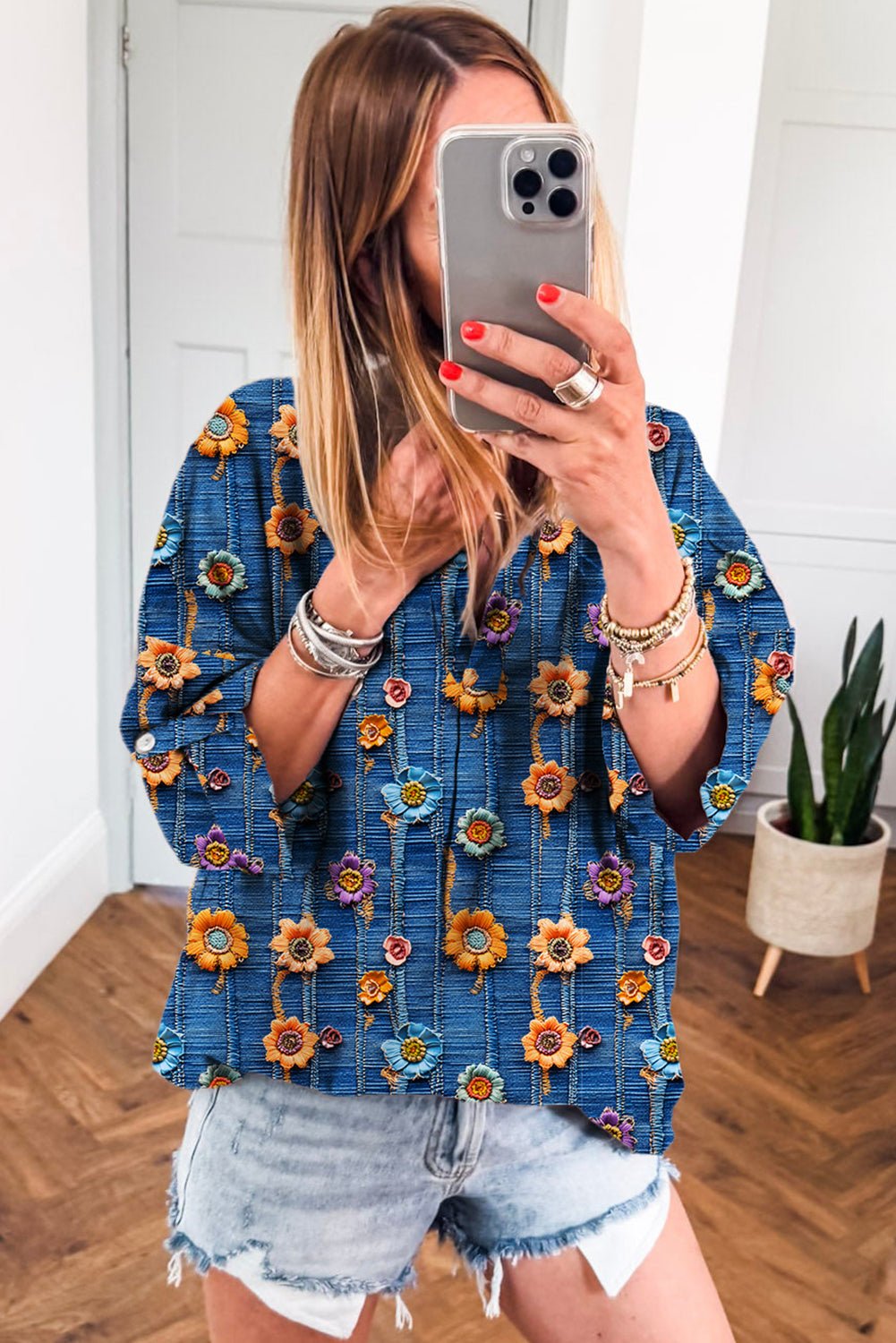 Floral Patchwork Long Sleeve Collared V-Neck Blouse - Rooted & Reckless Co.