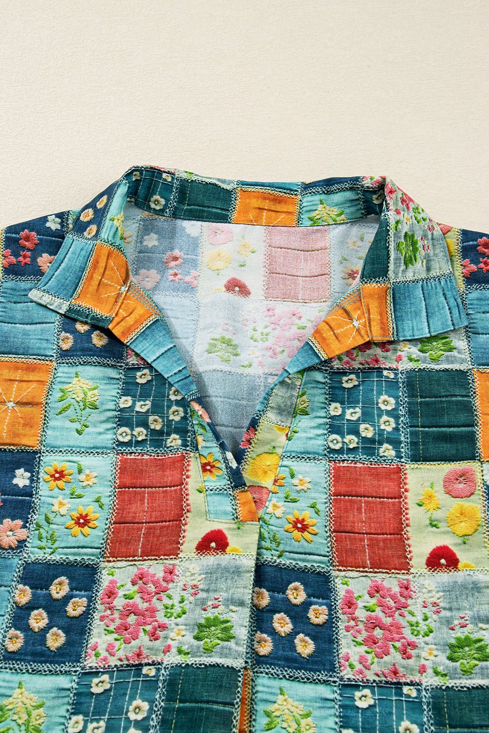 Floral Patchwork Long Sleeve Collared V-Neck Blouse - Rooted & Reckless Co.