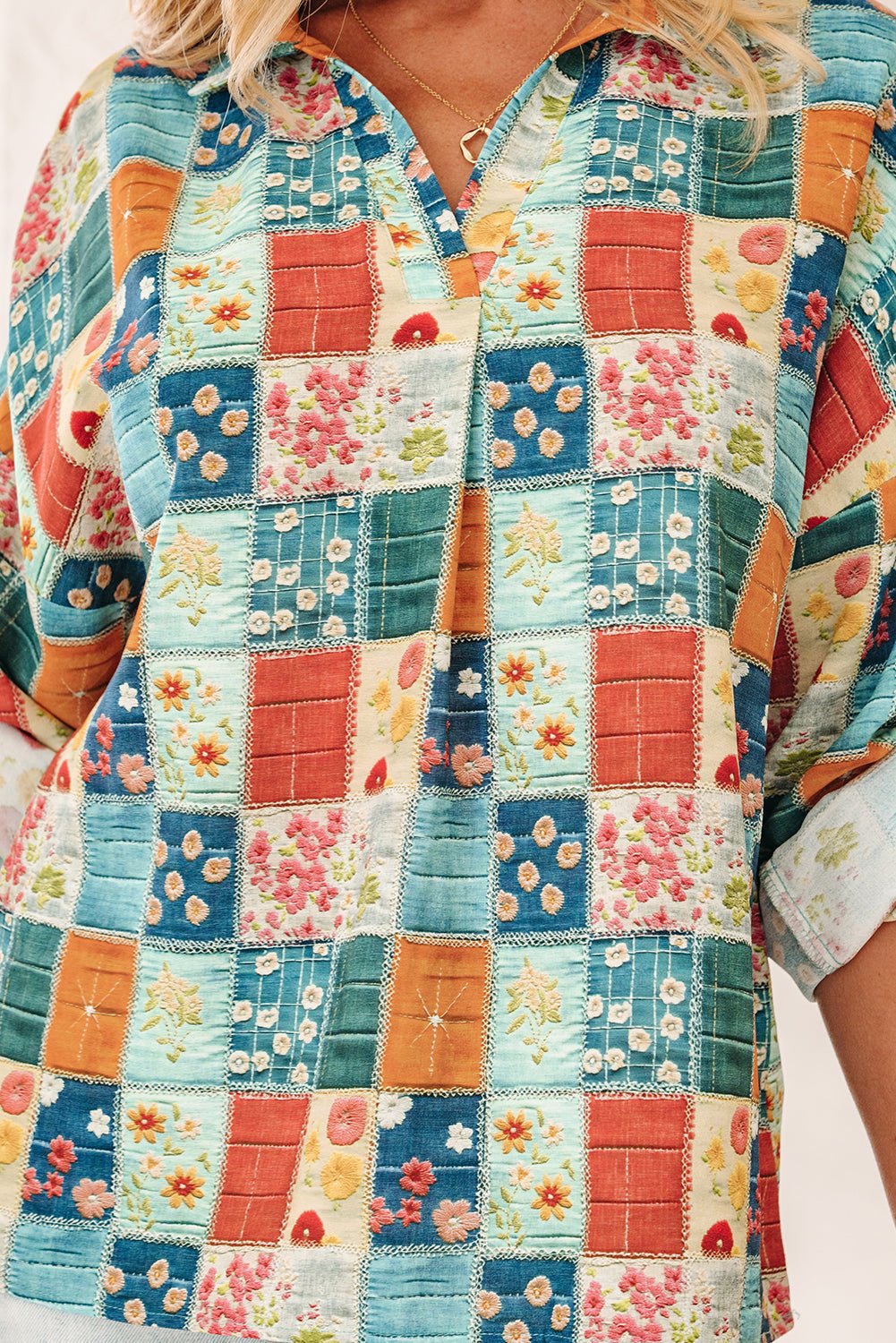 Floral Patchwork Long Sleeve Collared V-Neck Blouse - Rooted & Reckless Co.