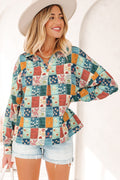 Floral Patchwork Long Sleeve Collared V-Neck Blouse - Rooted & Reckless Co.