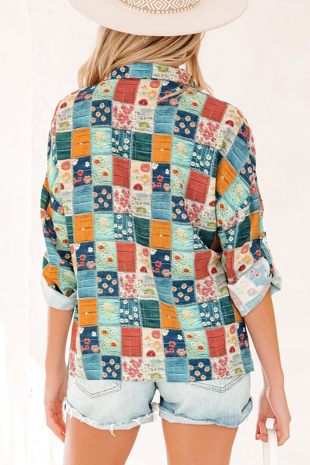 Floral Patchwork Long Sleeve Collared V-Neck Blouse - Rooted & Reckless Co.