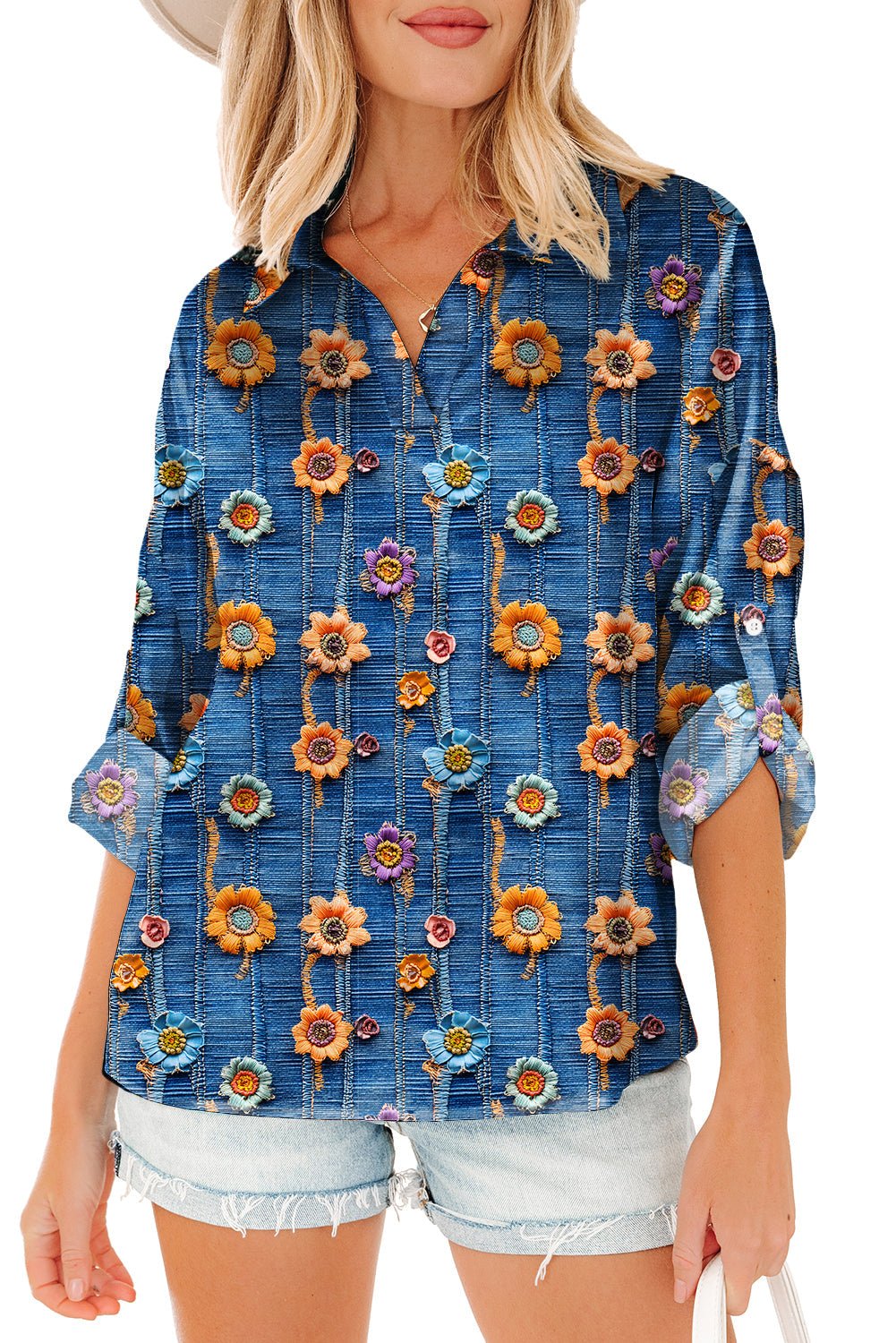 Floral Patchwork Long Sleeve Collared V-Neck Blouse - Rooted & Reckless Co.