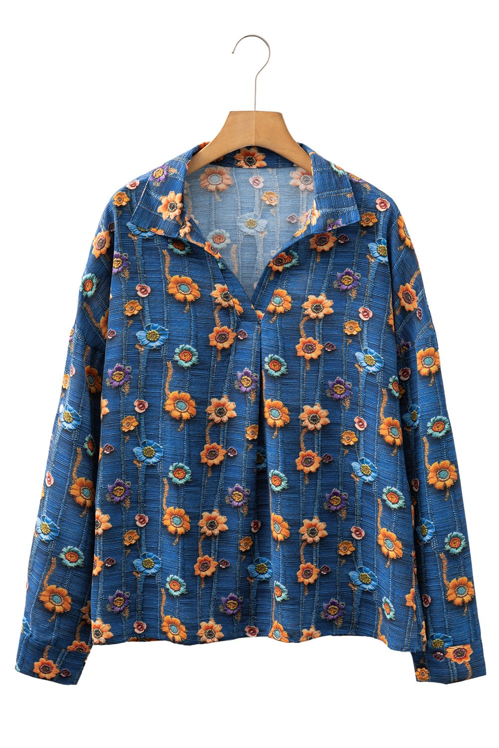 Floral Patchwork Long Sleeve Collared V-Neck Blouse - Rooted & Reckless Co.