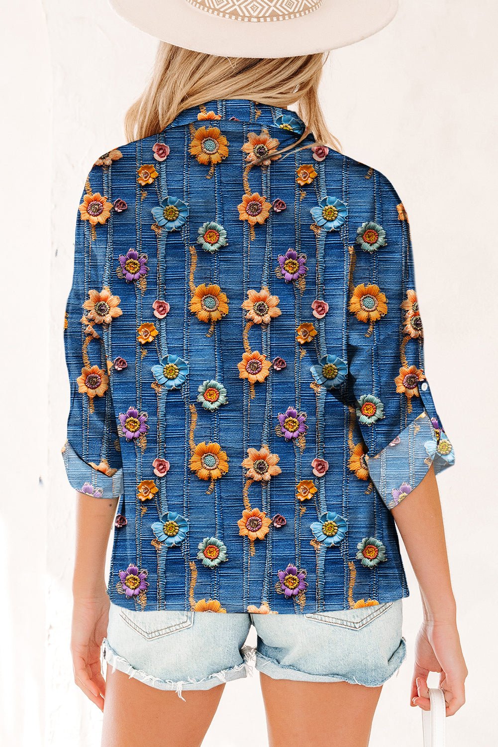 Floral Patchwork Long Sleeve Collared V-Neck Blouse - Rooted & Reckless Co.
