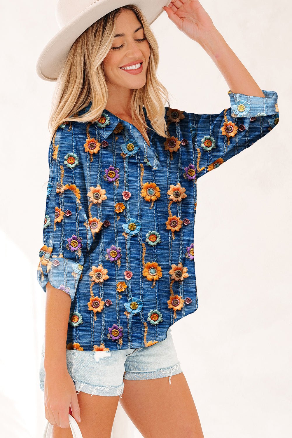 Floral Patchwork Long Sleeve Collared V-Neck Blouse - Rooted & Reckless Co.