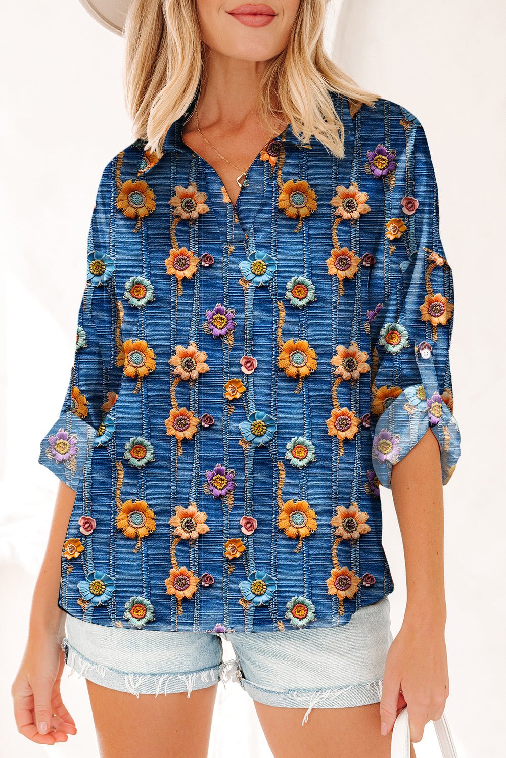 Floral Patchwork Long Sleeve Collared V-Neck Blouse - Rooted & Reckless Co.