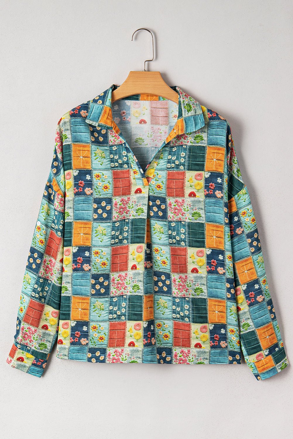 Floral Patchwork Long Sleeve Collared V-Neck Blouse - Rooted & Reckless Co.