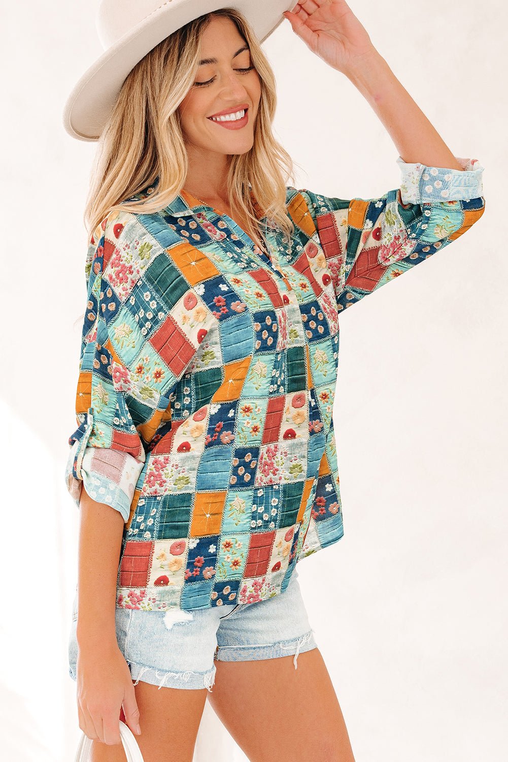 Floral Patchwork Long Sleeve Collared V-Neck Blouse - Rooted & Reckless Co.