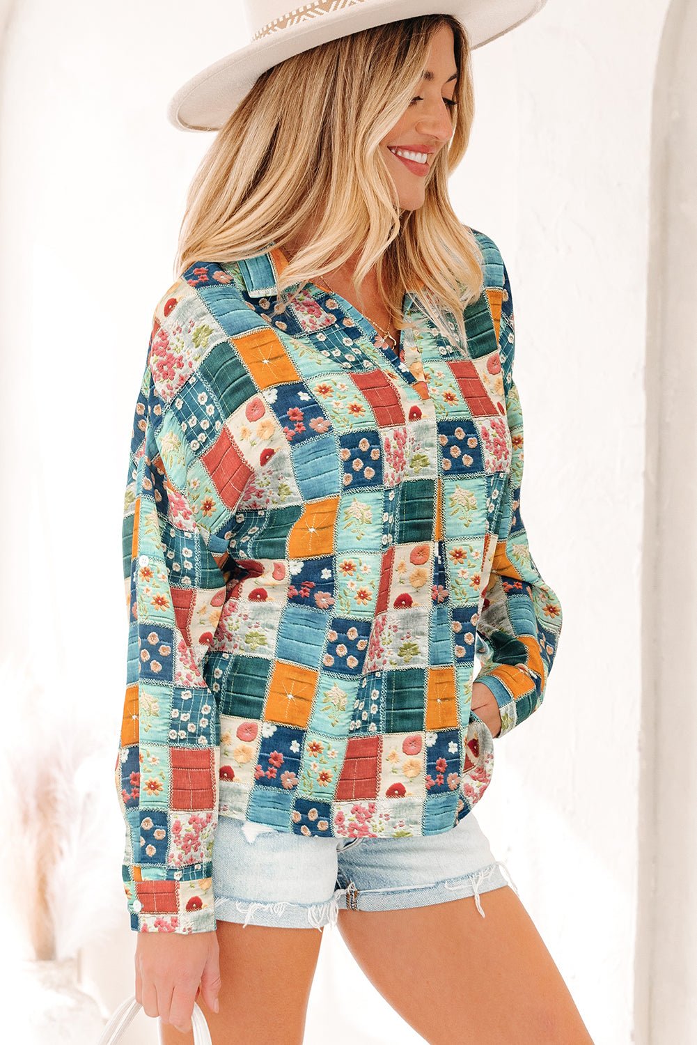 Floral Patchwork Long Sleeve Collared V-Neck Blouse - Rooted & Reckless Co.