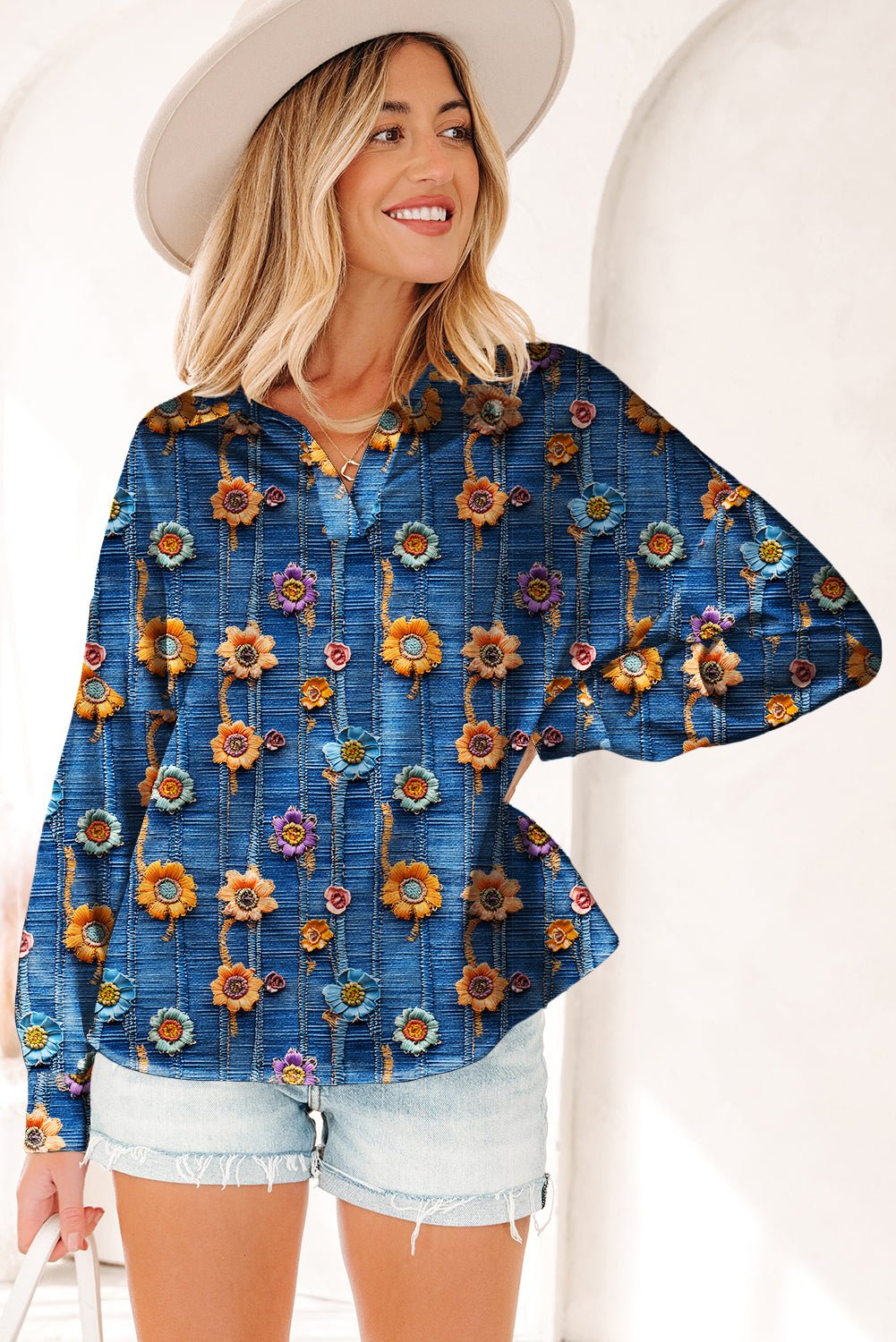 Floral Patchwork Long Sleeve Collared V-Neck Blouse - Rooted & Reckless Co.