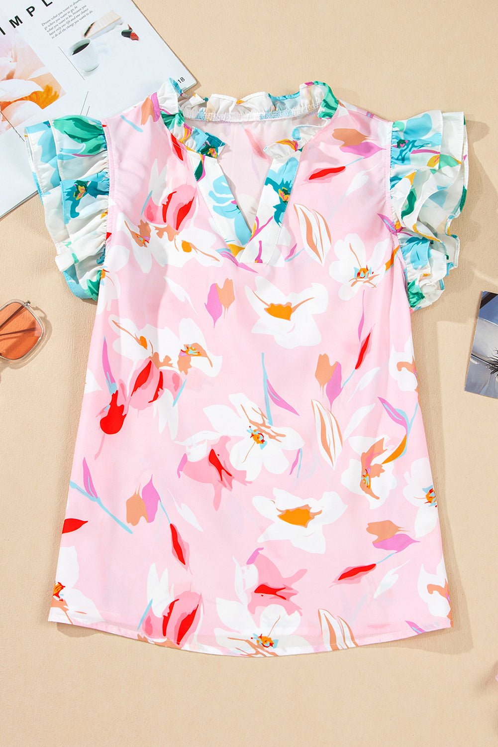 Floral Patchwork Notched Neck Flutter Sleeve Blouse - Rooted & Reckless Co.