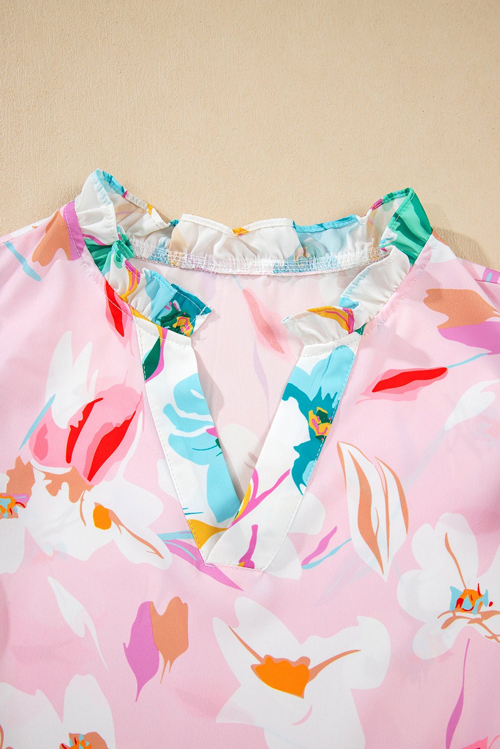 Floral Patchwork Notched Neck Flutter Sleeve Blouse - Rooted & Reckless Co.