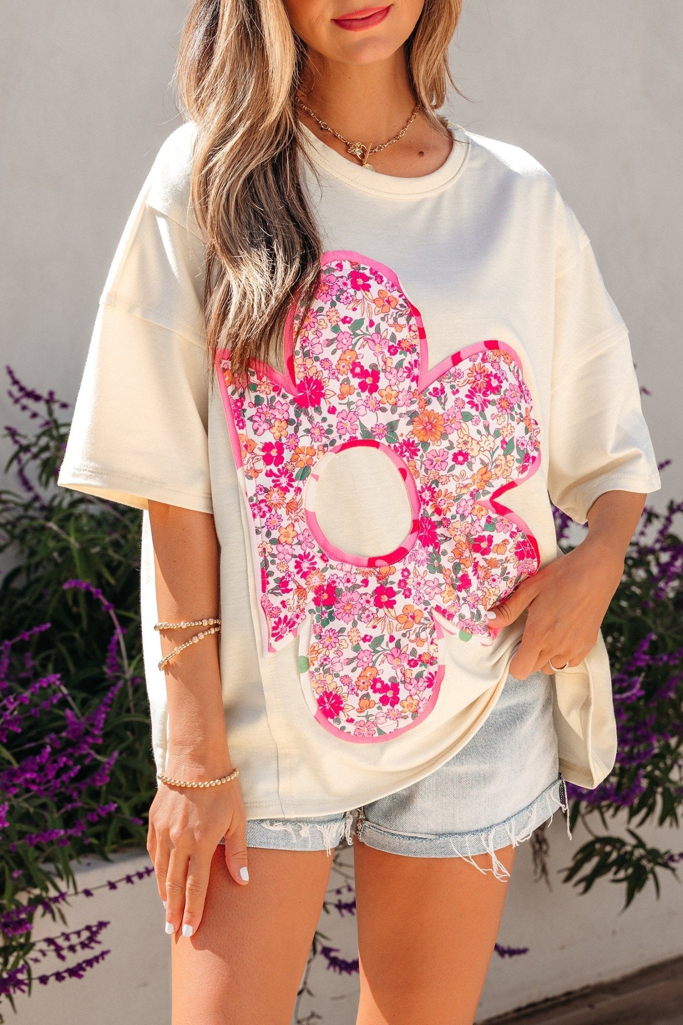 Floral Patchwork Raw Seam Oversize Tee - Rooted & Reckless Co.