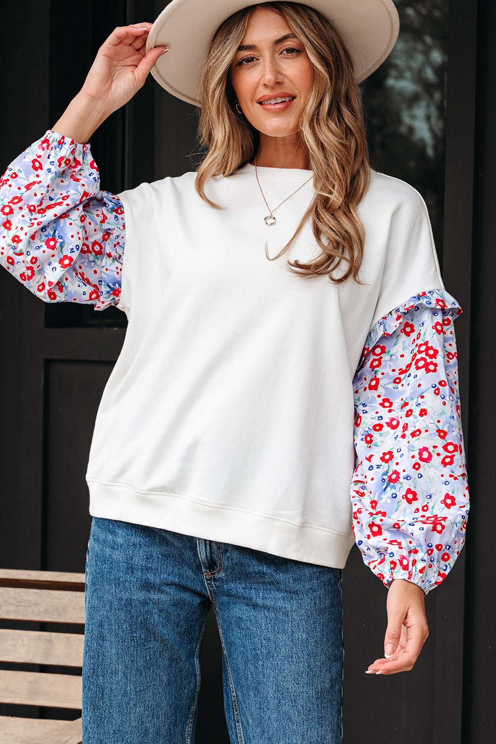 Floral Patchwork Ruffle Balloon Sleeve Blouse - Rooted & Reckless Co.