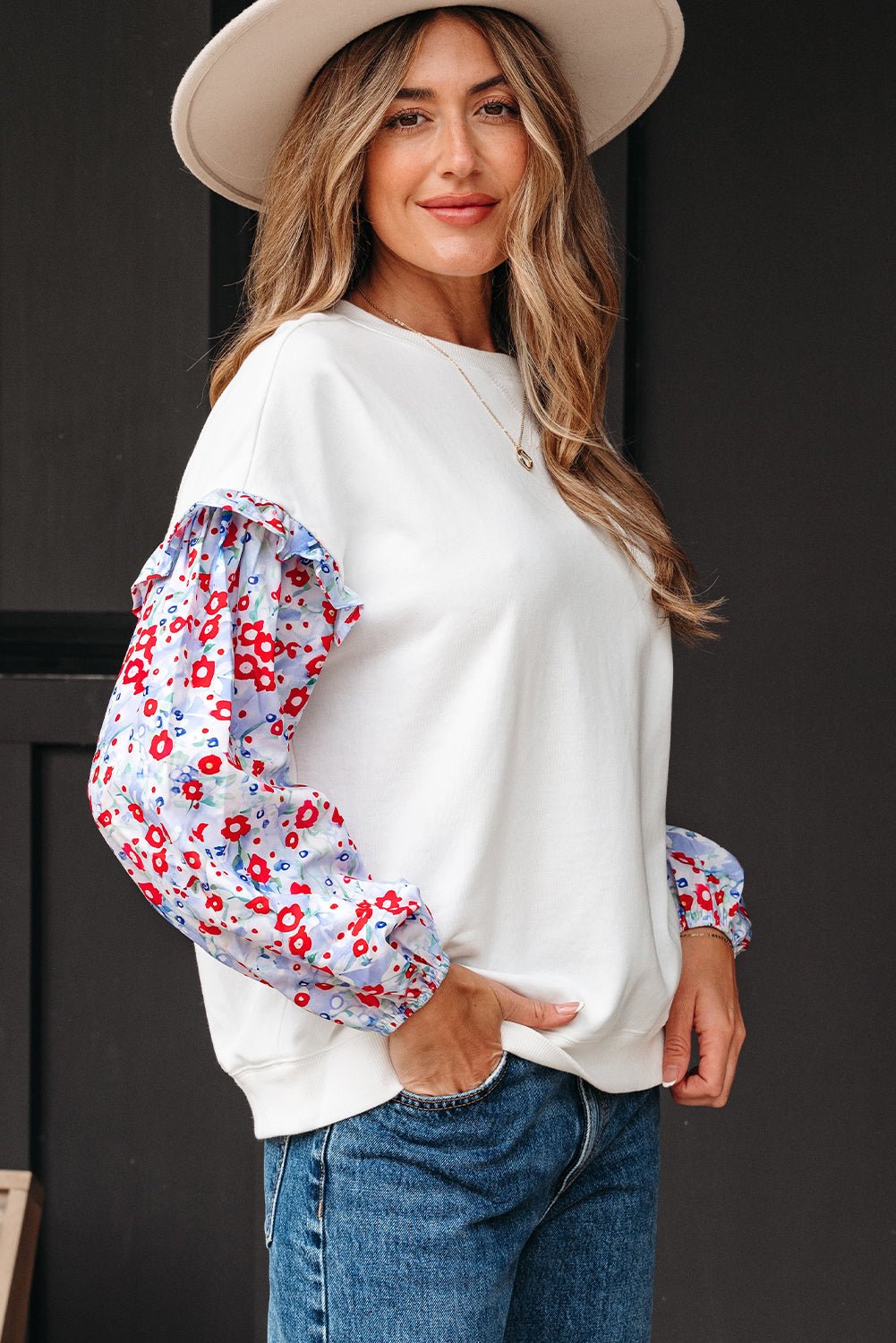 Floral Patchwork Ruffle Balloon Sleeve Blouse - Rooted & Reckless Co.