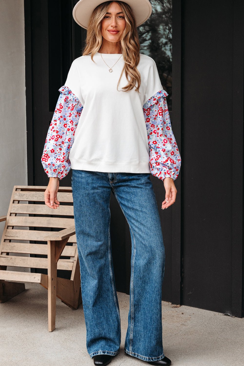 Floral Patchwork Ruffle Balloon Sleeve Blouse - Rooted & Reckless Co.