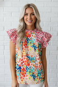 Floral Patchwork Ruffle Cap Sleeve Blouse - Rooted & Reckless Co.